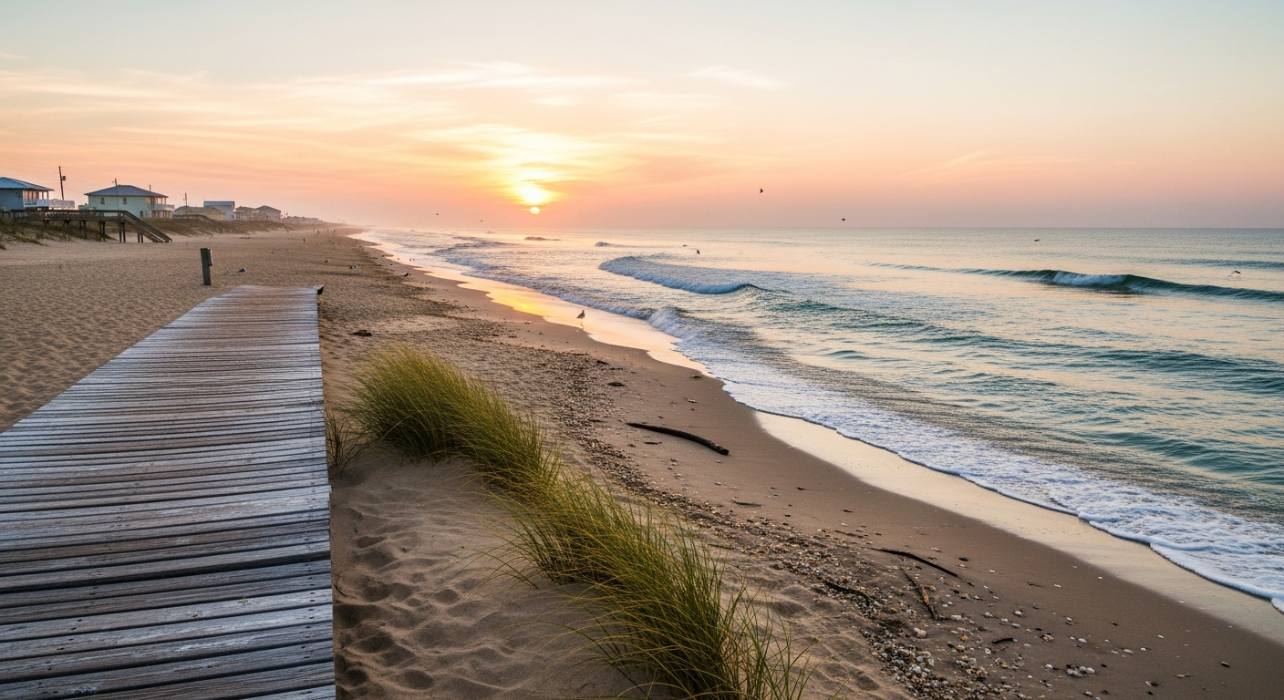 Sunrise over the Port Aransas, Texas beach on Mustang Island